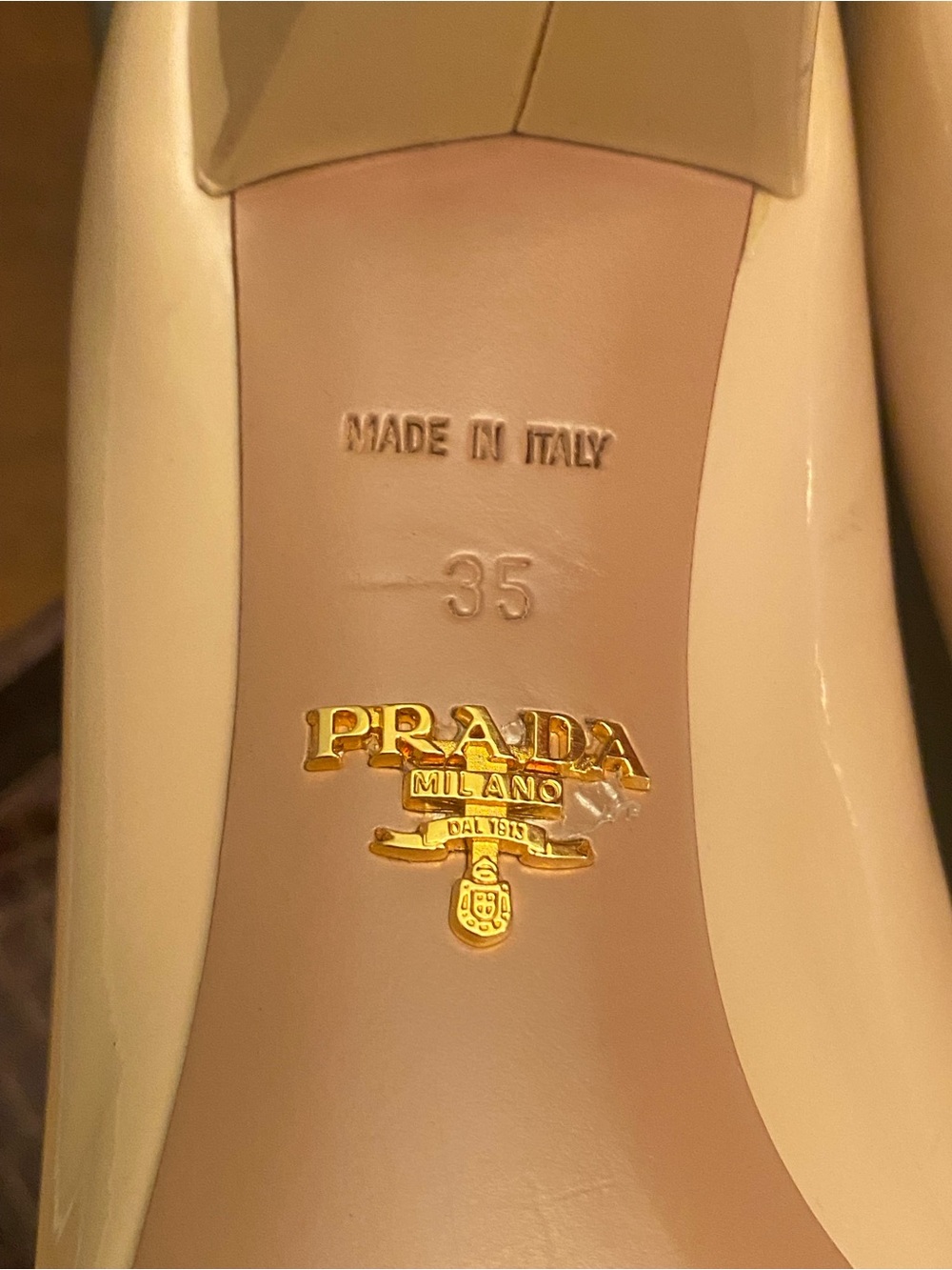 Prada Milano Patent Leather Nude Low Heel Pumps w/Buckle, Sz. 35, Fair - Picture 6 of 13